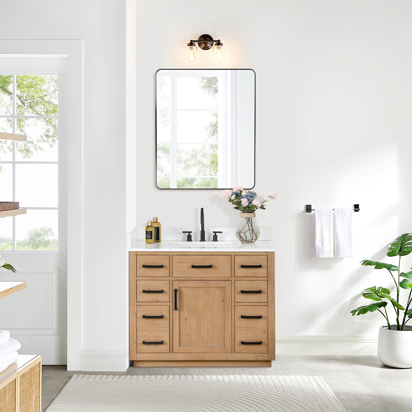 Gavino 42″ Wood Vanity in Light Brown with Composite Stone Top with Mirror