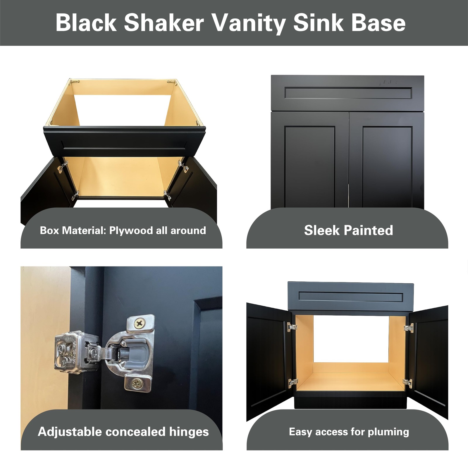 Black Shaker Bathroom Vanity Base 24″ – Solid Wood & Plywood Construction, So…