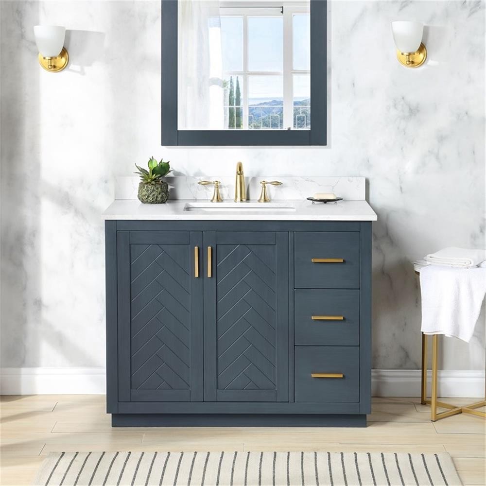 Pemberly Row 42″ Charcoal Blue Wood Vanity w/ Composite Stone Top without Mirror