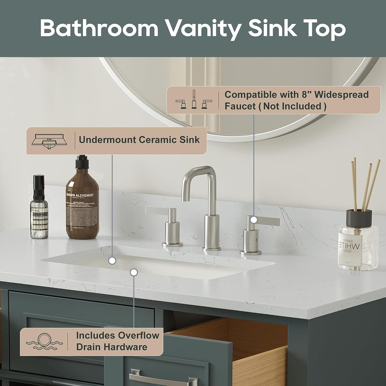 Modern 42″ Green Bathroom Vanity with Sink, Soft Close Doors & Dovetail Drawers