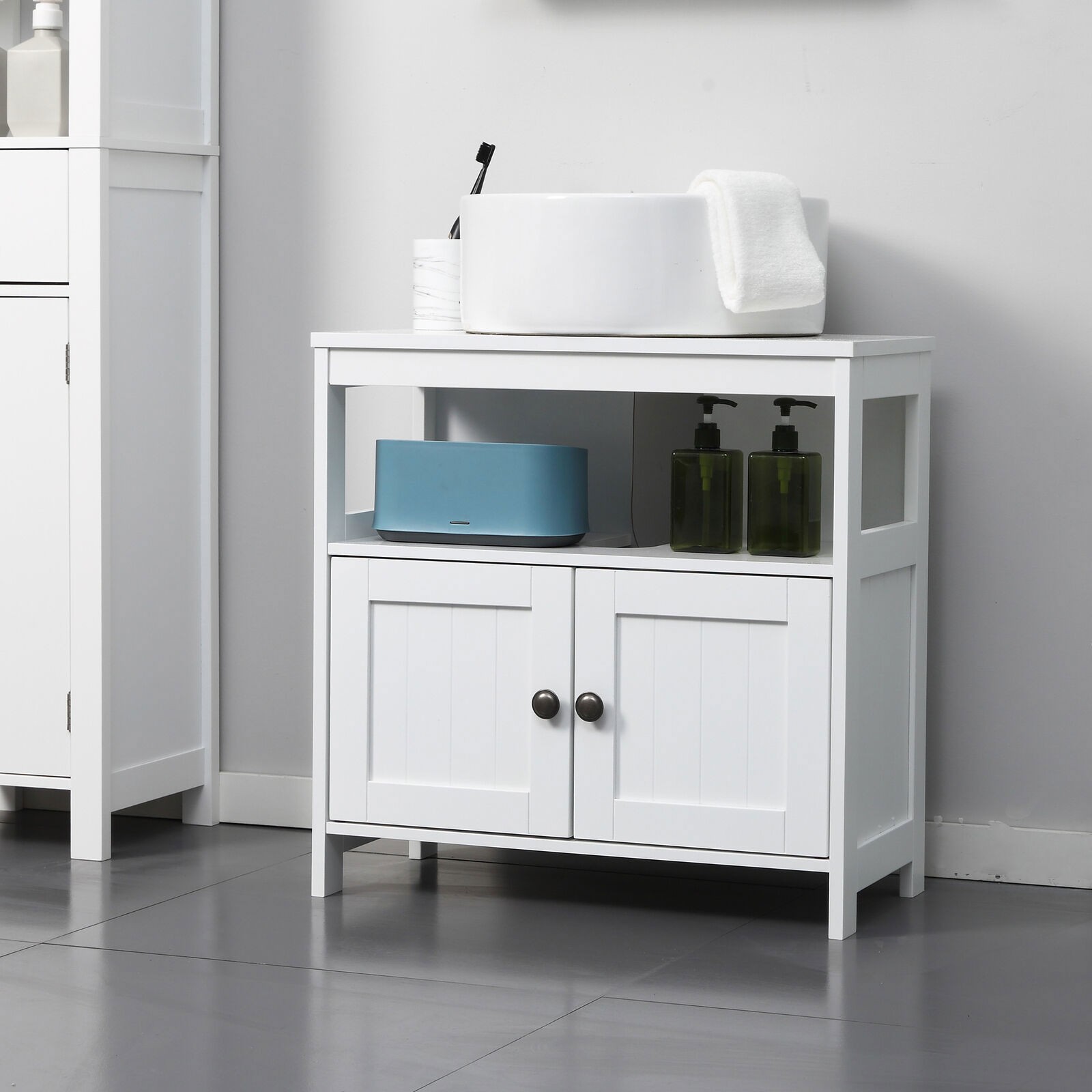 Pedestal Under Sink Cabinet w/ Doors, Bathroom Storage Organizer Unit, White