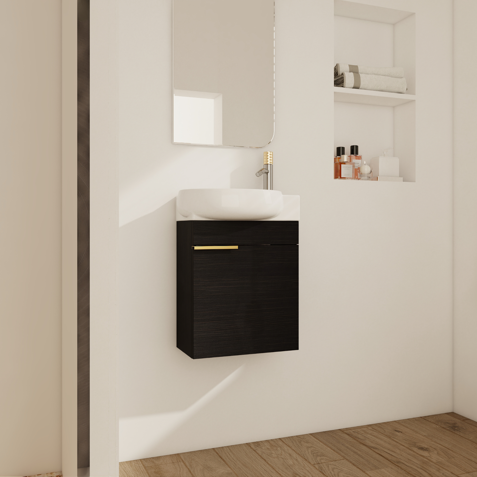 16in Plywood Wall-Mounted Small Bathroom Vanity Cabinet W/ Ceramic Sink Black