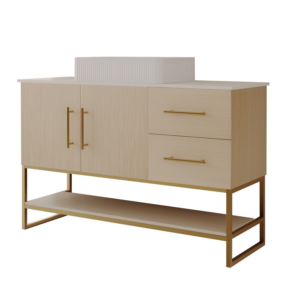 36″ Modern Bathroom Vanity Ceramic Vessel Sink Gold Accent Free Standing Cabinet