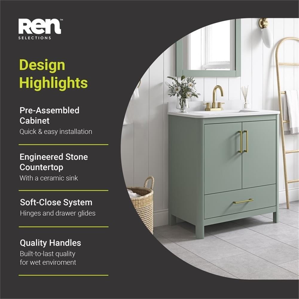 Pemberly Row 30″ Bathroom Vanity in Sage Green with Engineered Marble Countertop