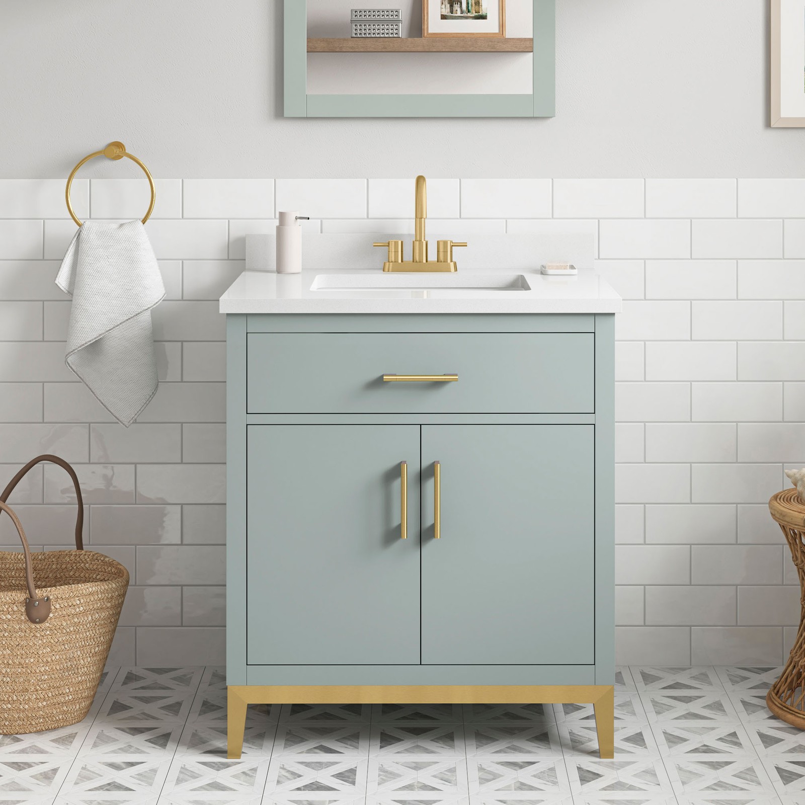 Diya 30″ Bathroom Vanity in Sage Green with White Countertop