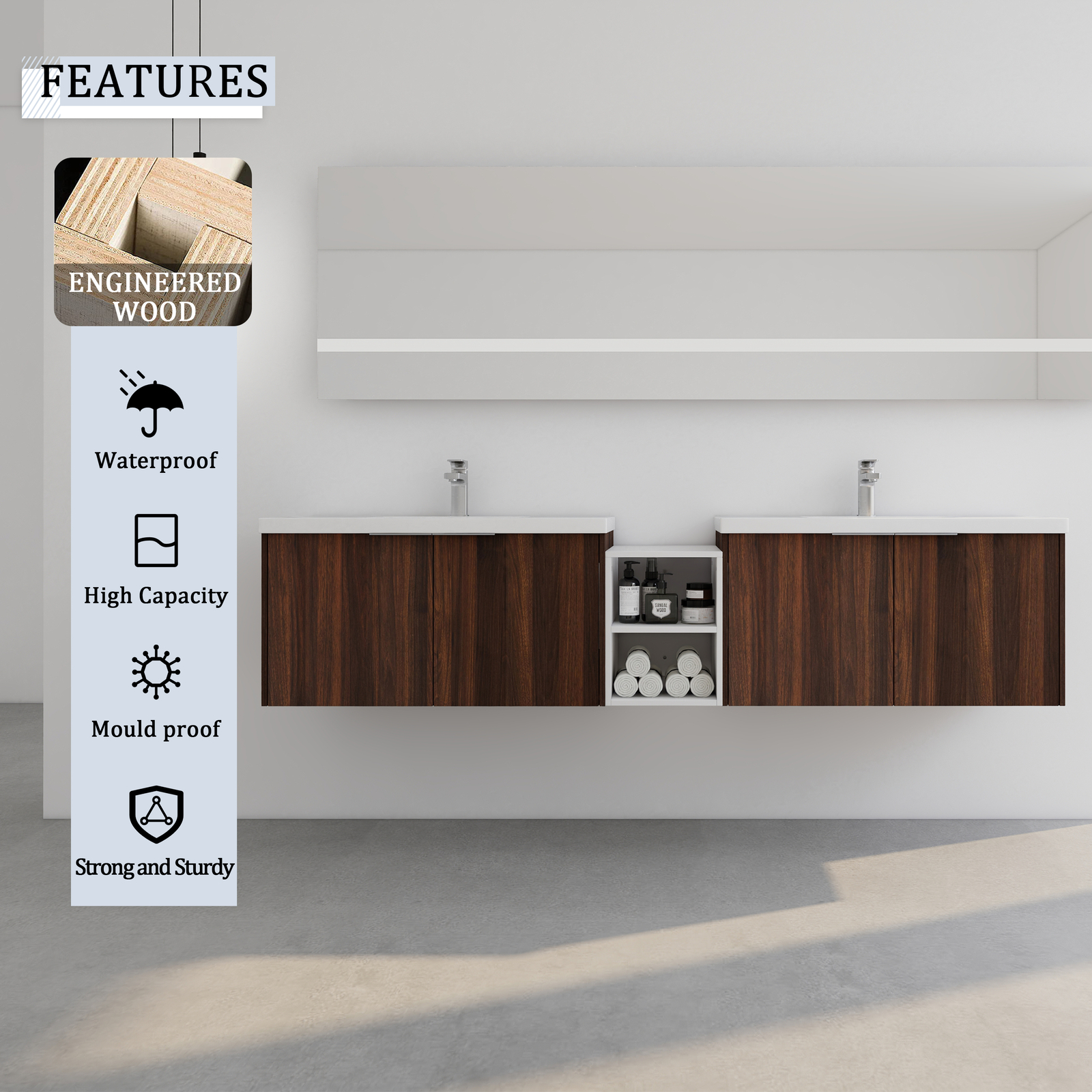 84″ Wall Mounted Bathroom Vanity Sink W/Resin Sink Basin and Small Side Cabinets