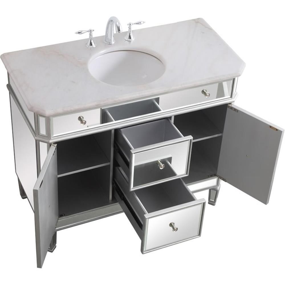 Elegant Decor Camille 42″ Single Marble Top Mirrored Bathroom Vanity in Silver