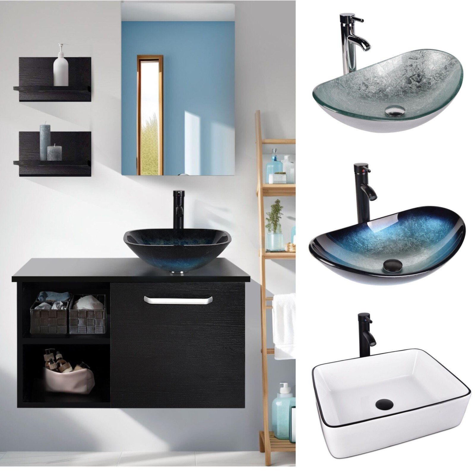 Wall Mounted Bathroom Vanity Floating Cabinet w/Mirror Shelf Sink Faucet Combo