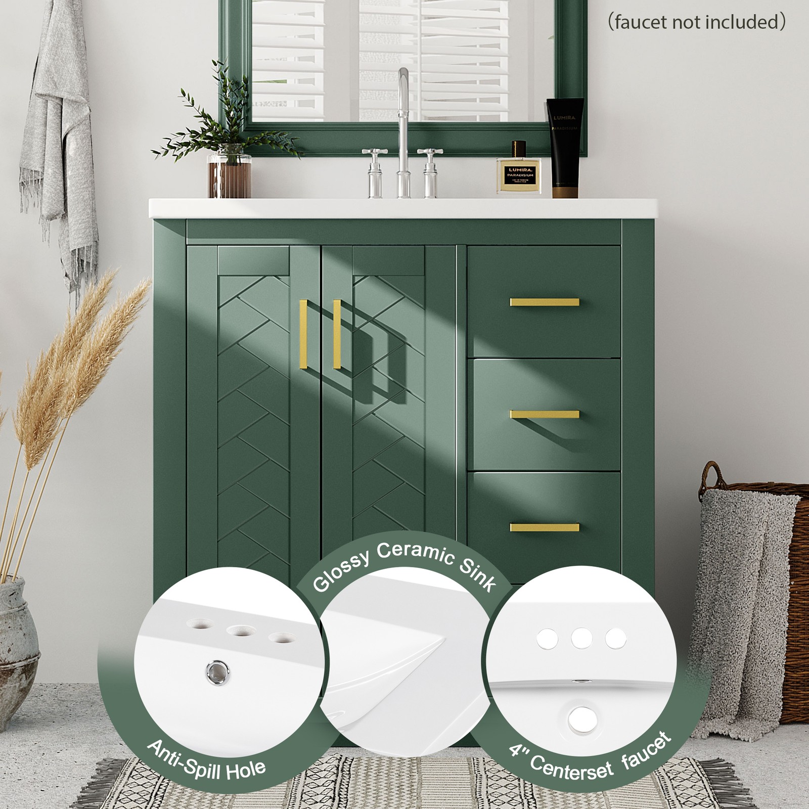 30″ Bathroom Vanity with Ceramic Sink, Solid Wood Frame, 3 Drawers