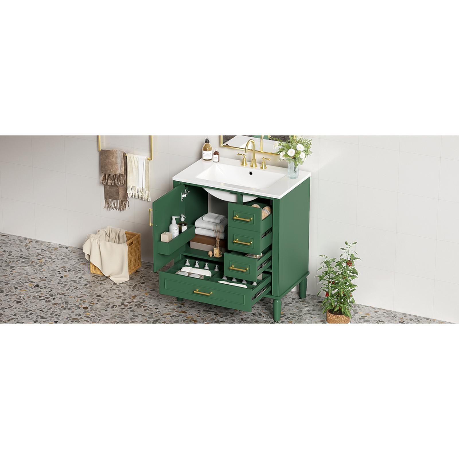 Traditional 30″ Green Bathroom Vanity Set, Floor Standing, with Three