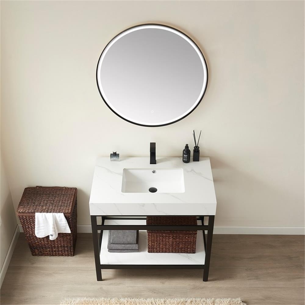 Funes 36″ Single Sink Bathroom Vanity in Matte Black Frame White Top w/ Mirror