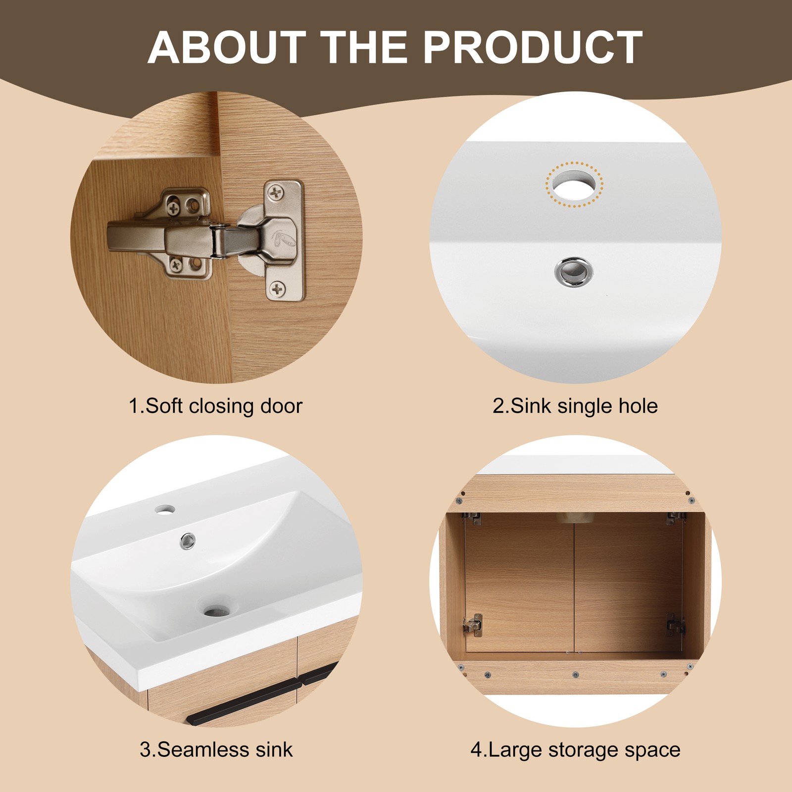 24″ Floating Wall Mounted Bathroom Vanity Cabinet with Resin Basin Natural Oak