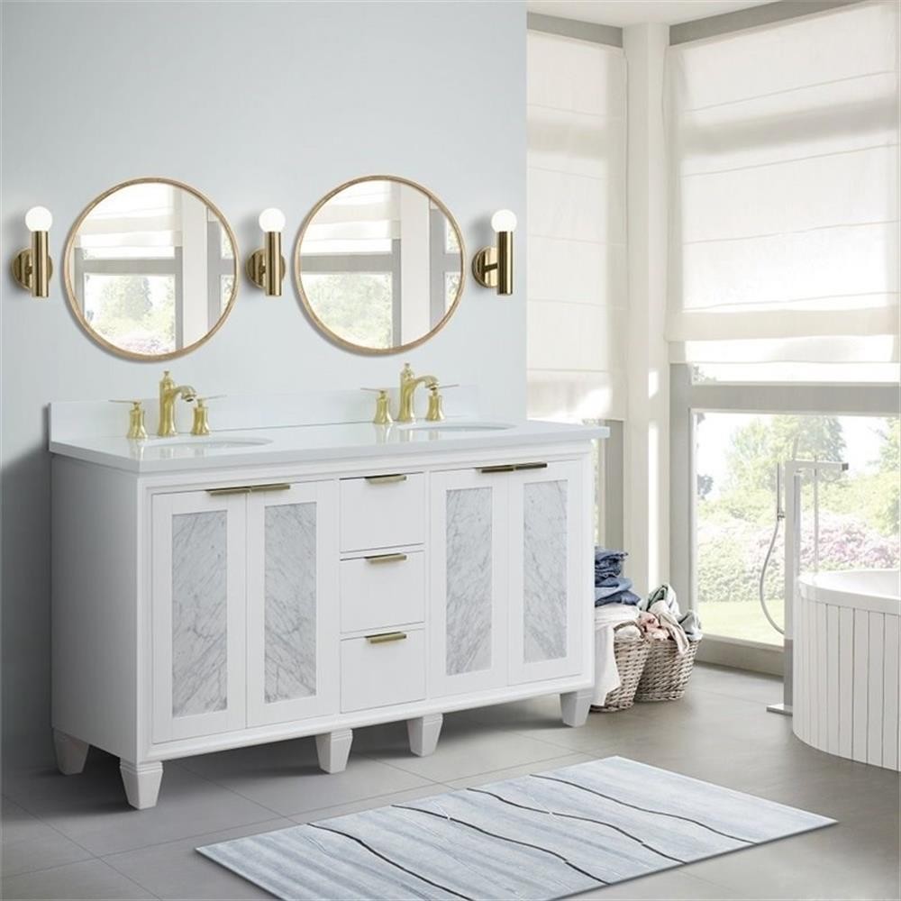 Pemberly Row 61″ Double Oval Sink Solid Wood Vanity in White/White Quartz Stone