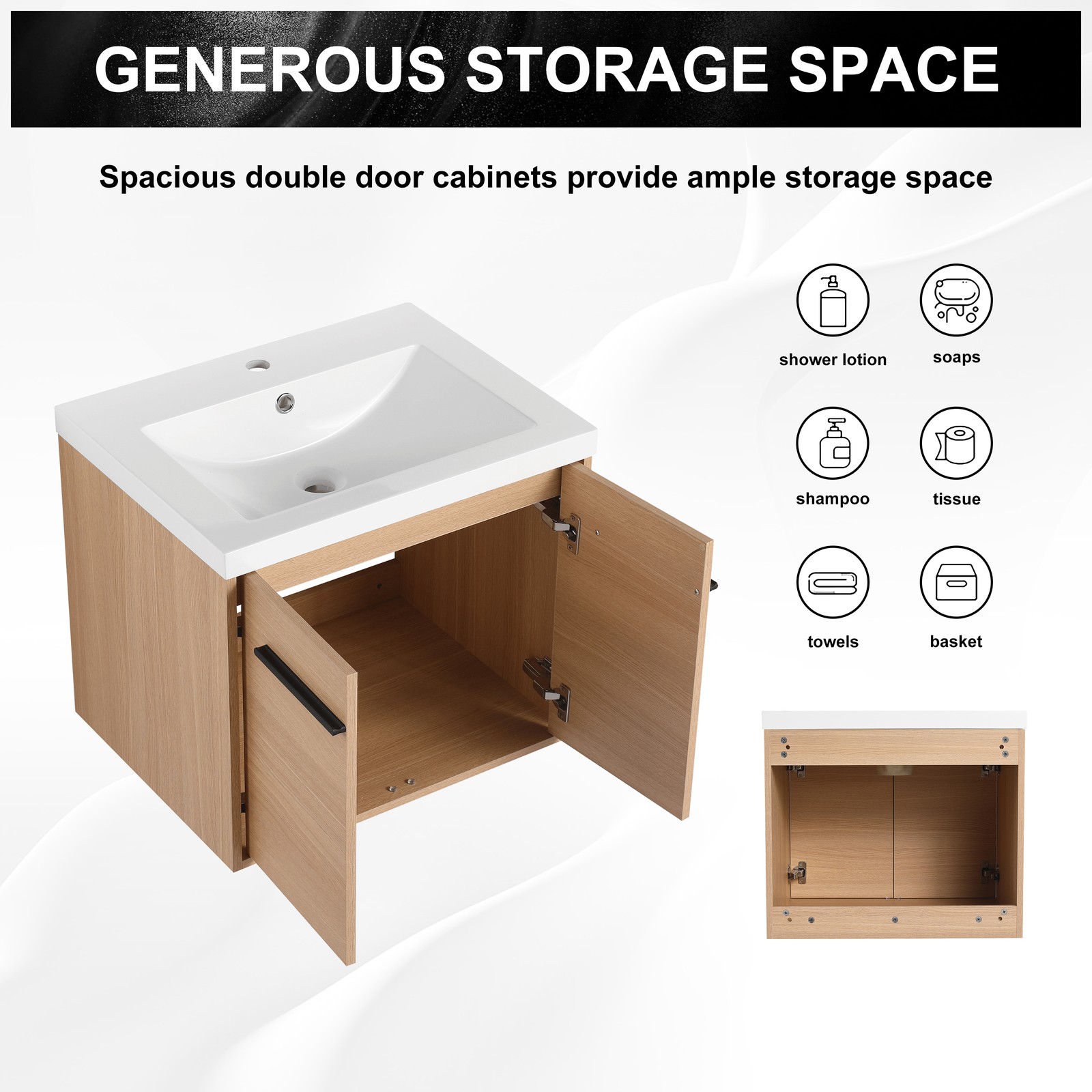 24″ Floating Wall Mounted Bathroom Vanity Cabinet with Resin Basin Natural Oak