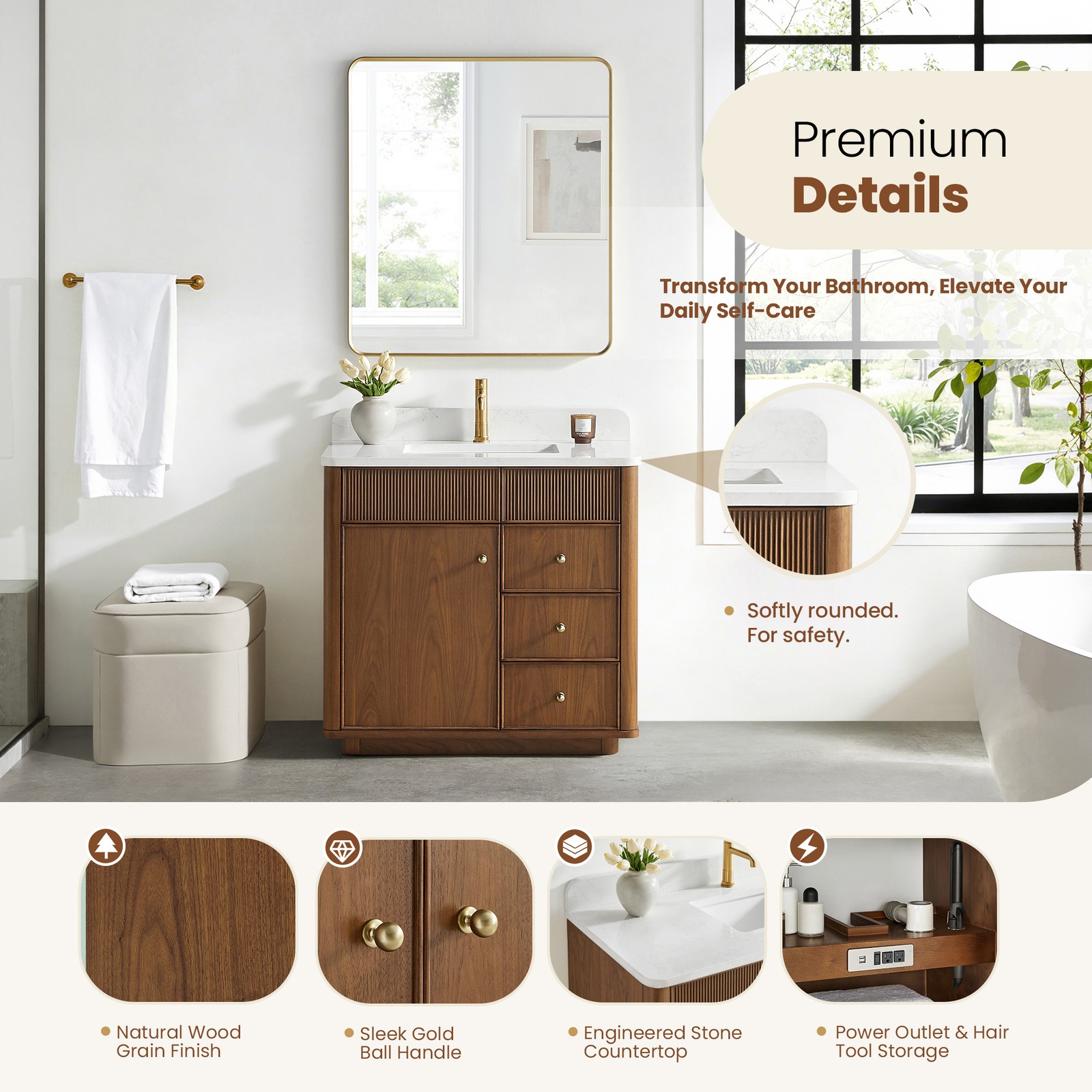Zogno 36″ Single Sink Bath Vanity in Natural Walnut with White Grain Stone Top