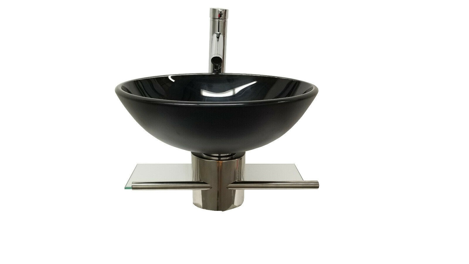Modern Wall Mount Bathroom Pedestal Vanity Black Glass Bowl Vessel Sink Combo