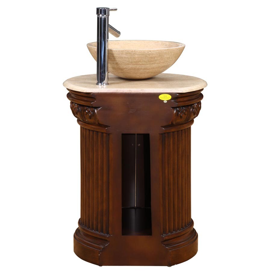 24″ Silkroad Exclusive HYP-0160-T-24 Chestnut Vessel Sink Travertine Top Vanity