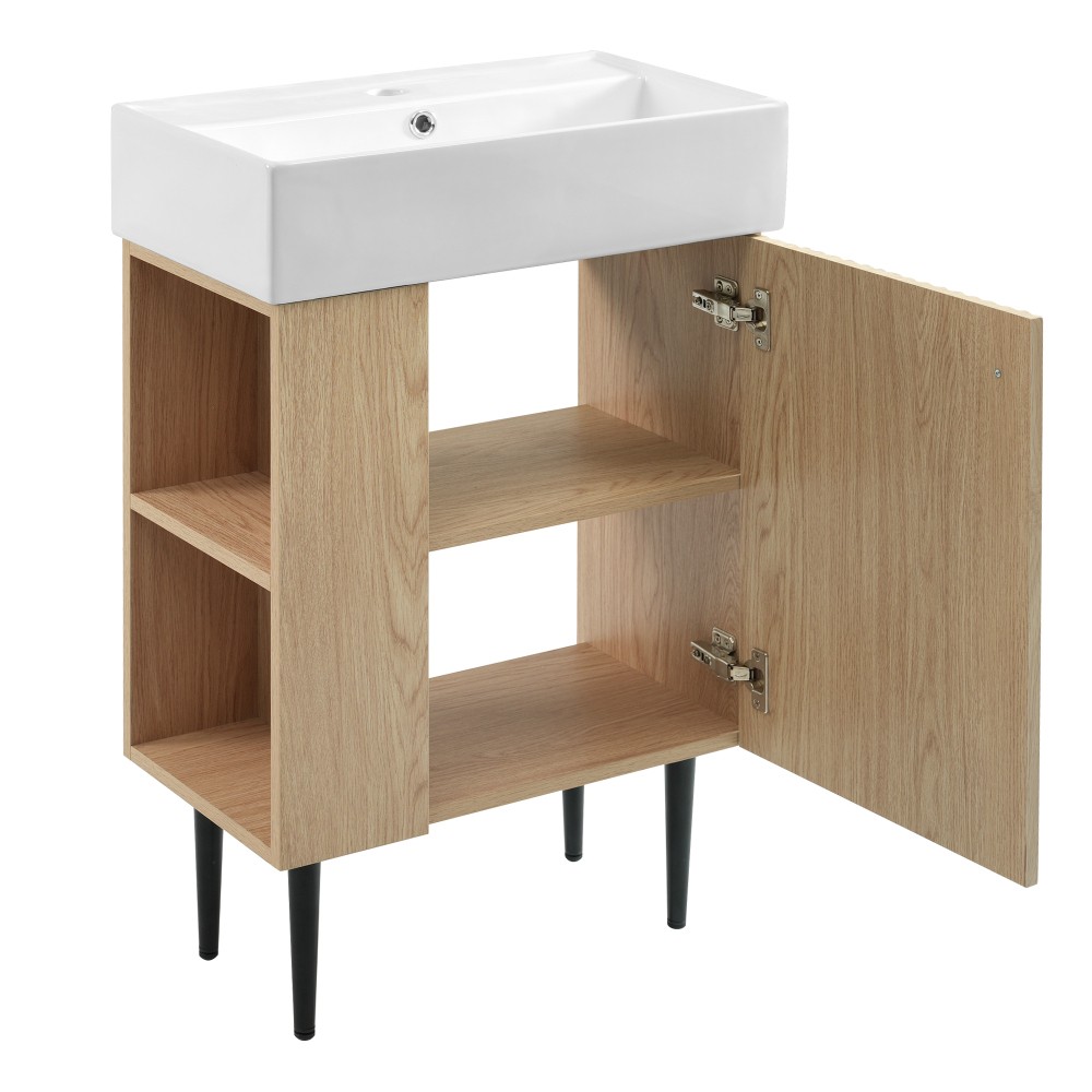 21.6″ Wood Bathroom Vanity，Ceramic Sink，Free-Standing Cabinet，Left Side Storage