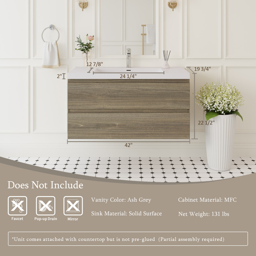 42″ Wall-Mounted Floating Bathroom Vanity with Sink & Soft Close Drawers – Grey