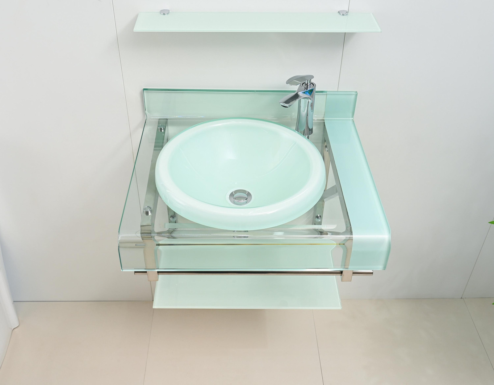 24″WHITE Tempered Glass Bathroom Vanity Floating Sink backsplash Mirror combo