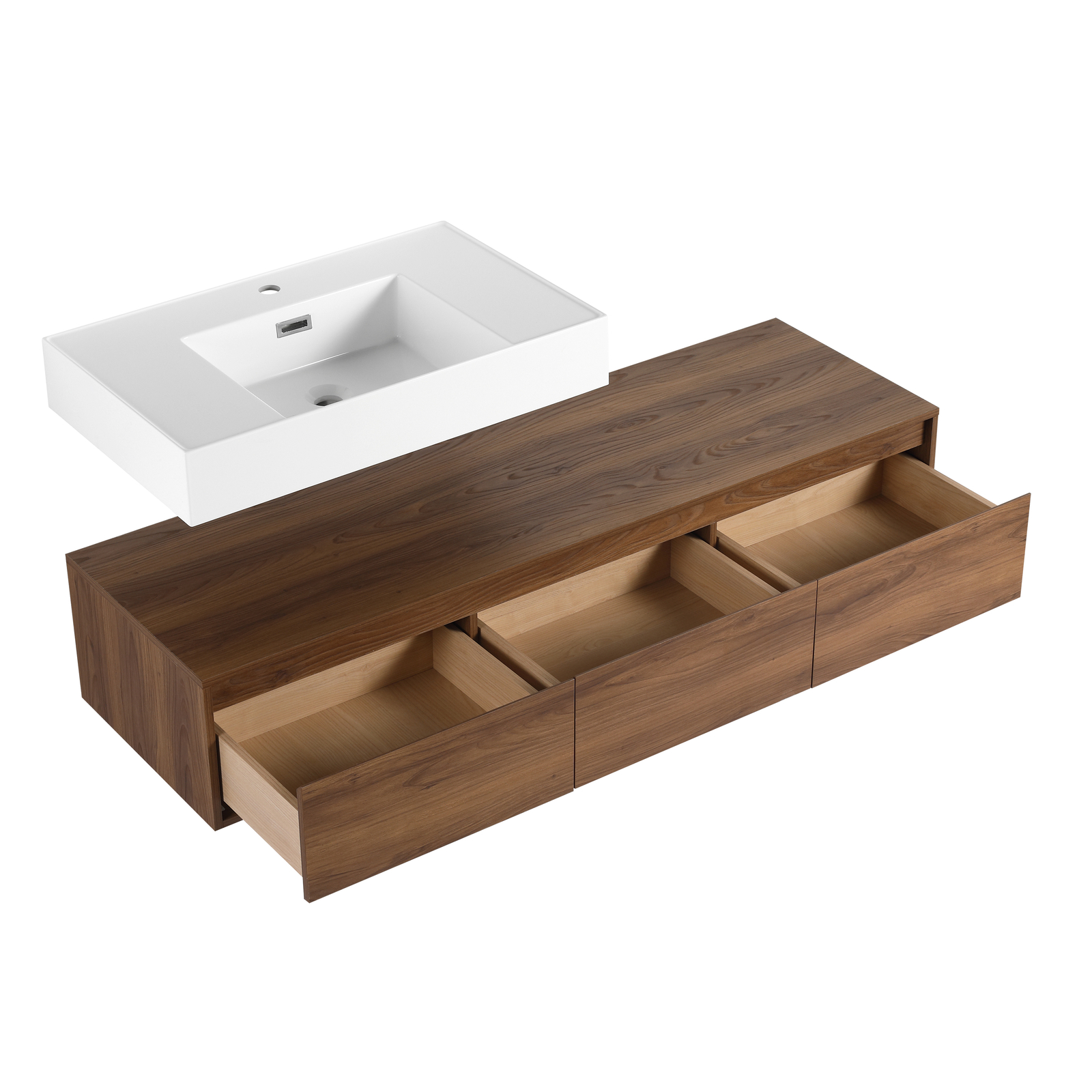 60in Floating Wall-Mounted Bathroom Vanity W/ Resin Sink+Side Cabinet +3 Drawers