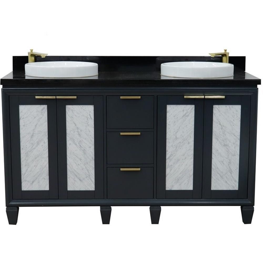 Pemberly Row 61″ Solid Wood Double Round Sink Vanity in Dark Gray/Black Galaxy
