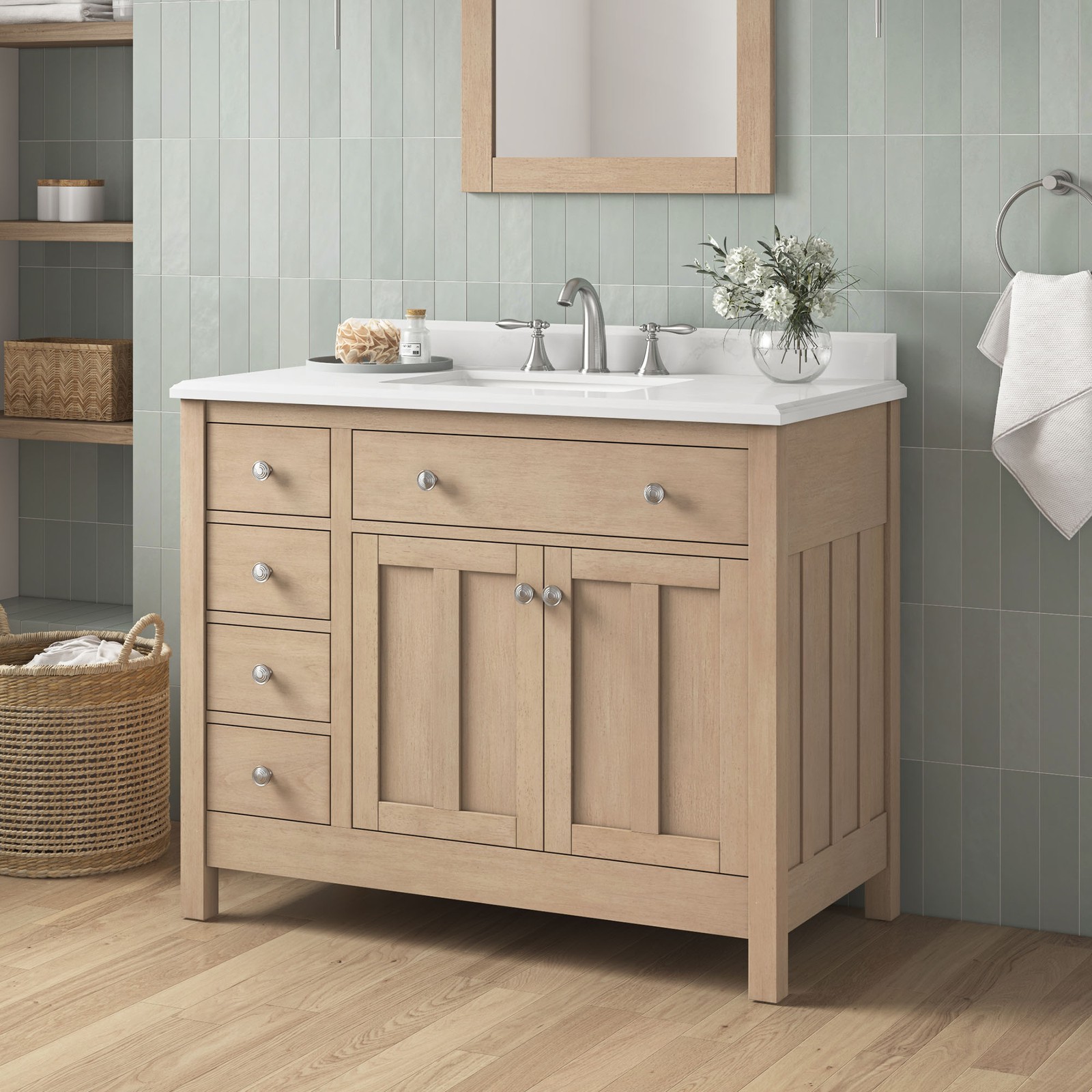 Newcastle 42″ Bathroom Vanity in Sahara Birch with White Countertop