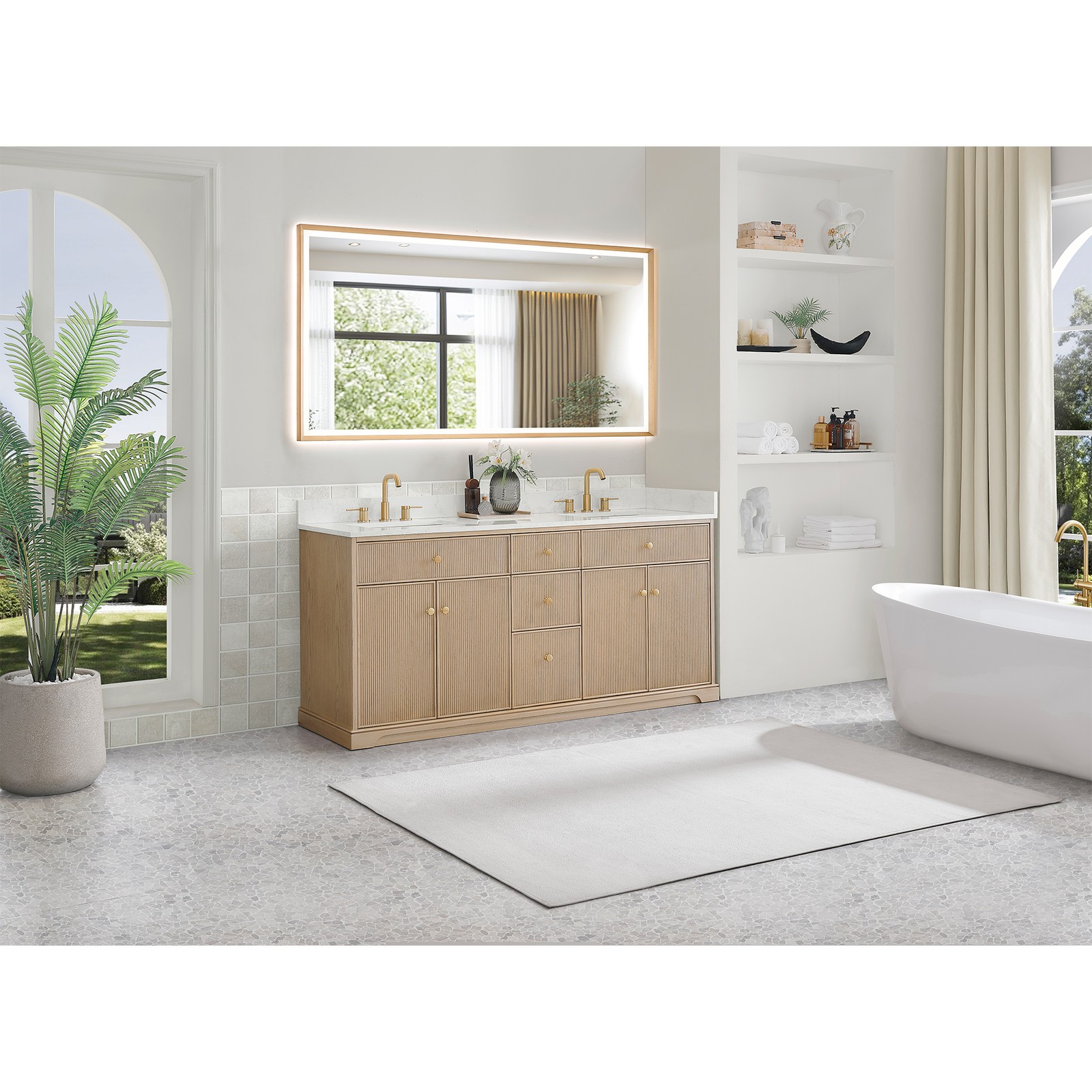 Barnett 72″ Wood Vanity in Natural Oak with White Engineered Stone Top No Mirror