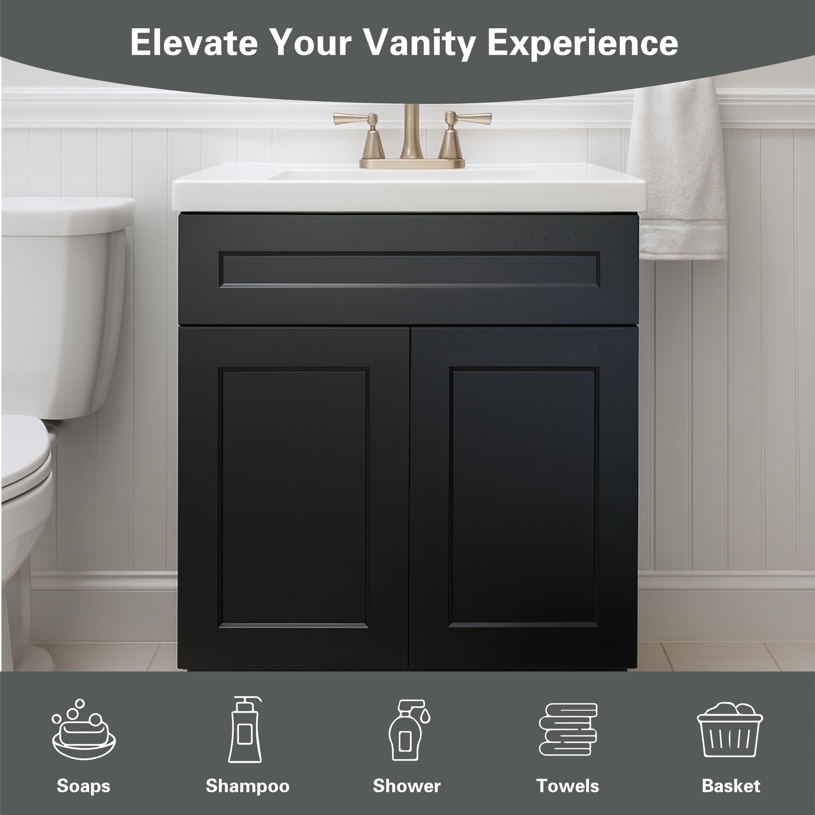 Black Shaker Bathroom Vanity Base 24″ – Solid Wood & Plywood Construction, So…