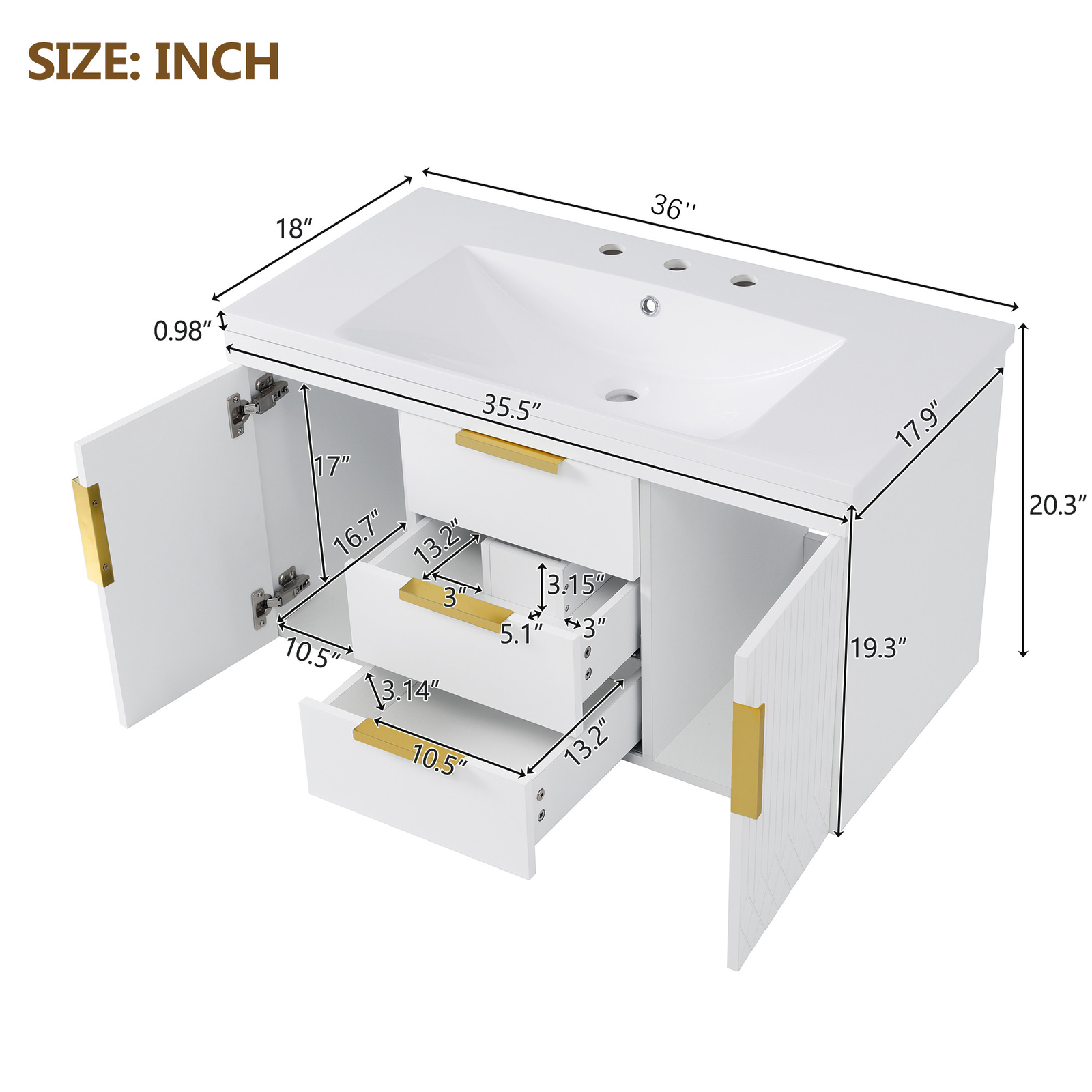 36″ Wall Mounted Bathroom Vanity w/Sink, Floating Vanity Cabinet 2 Drawers Doors