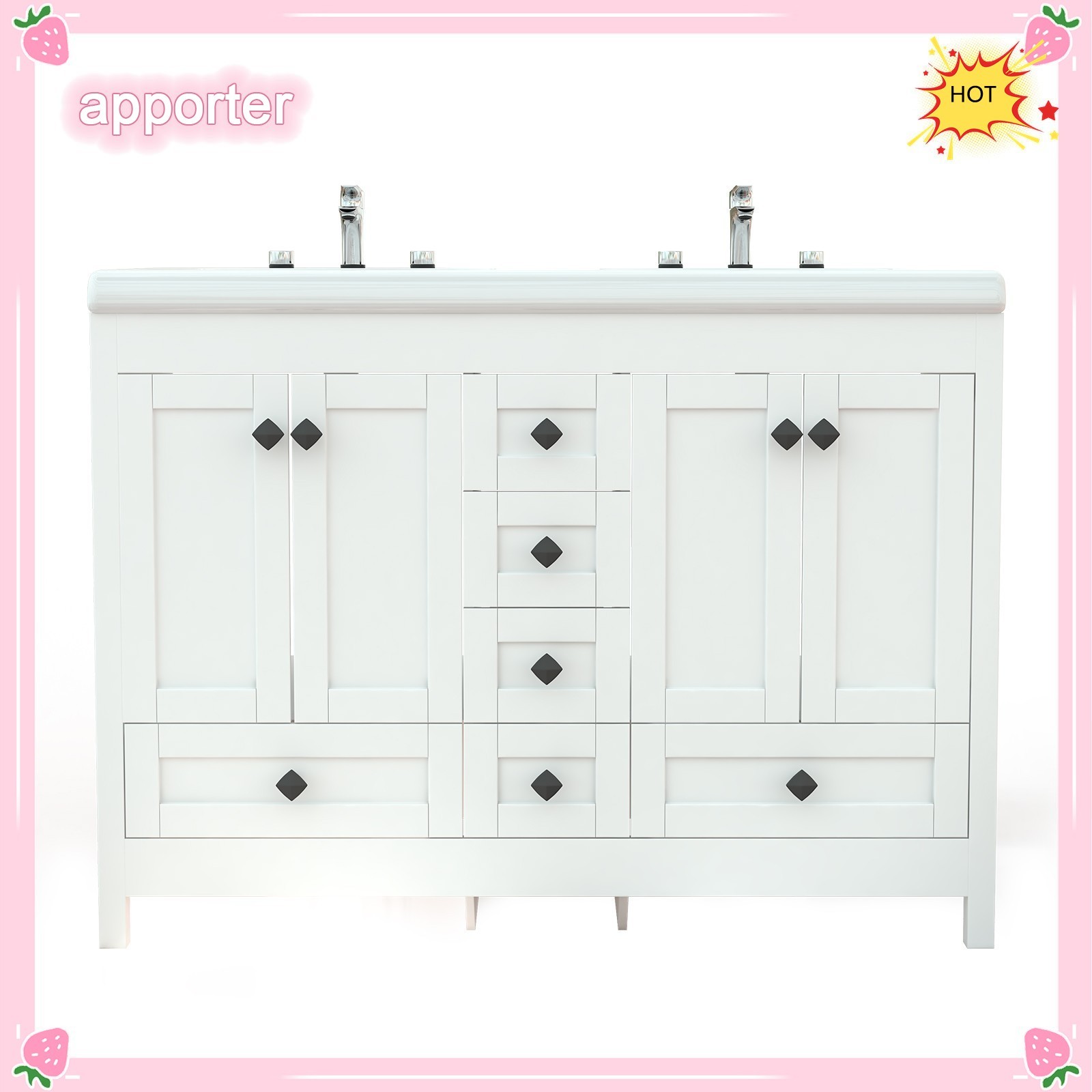 47in White Bathroom Vanity Double Sink Ceramic Freestanding Cabinet 5 Drawers US