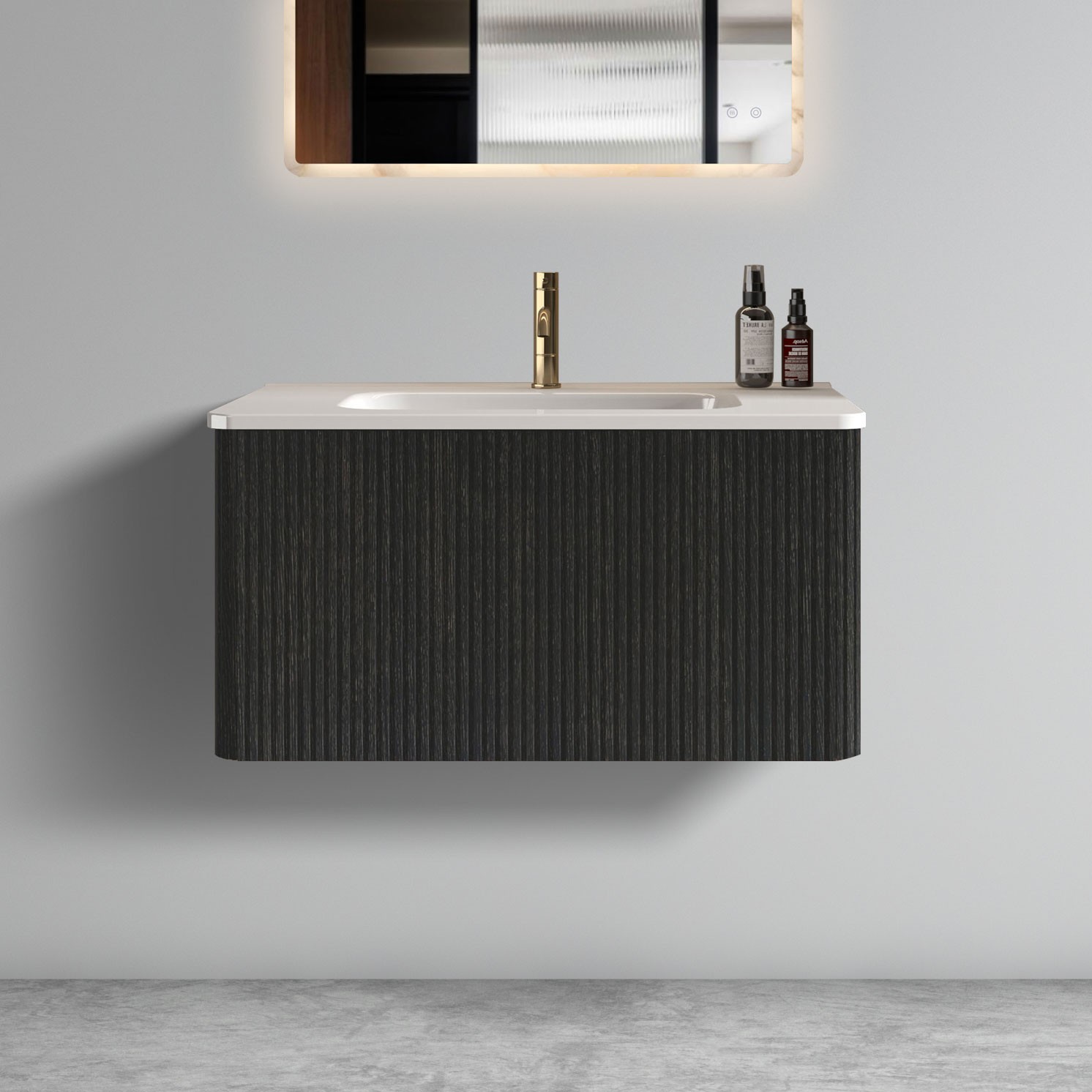 Etna 30″ Brushed Black Oak Floating Bathroom Vanity with White Ceramic Sink