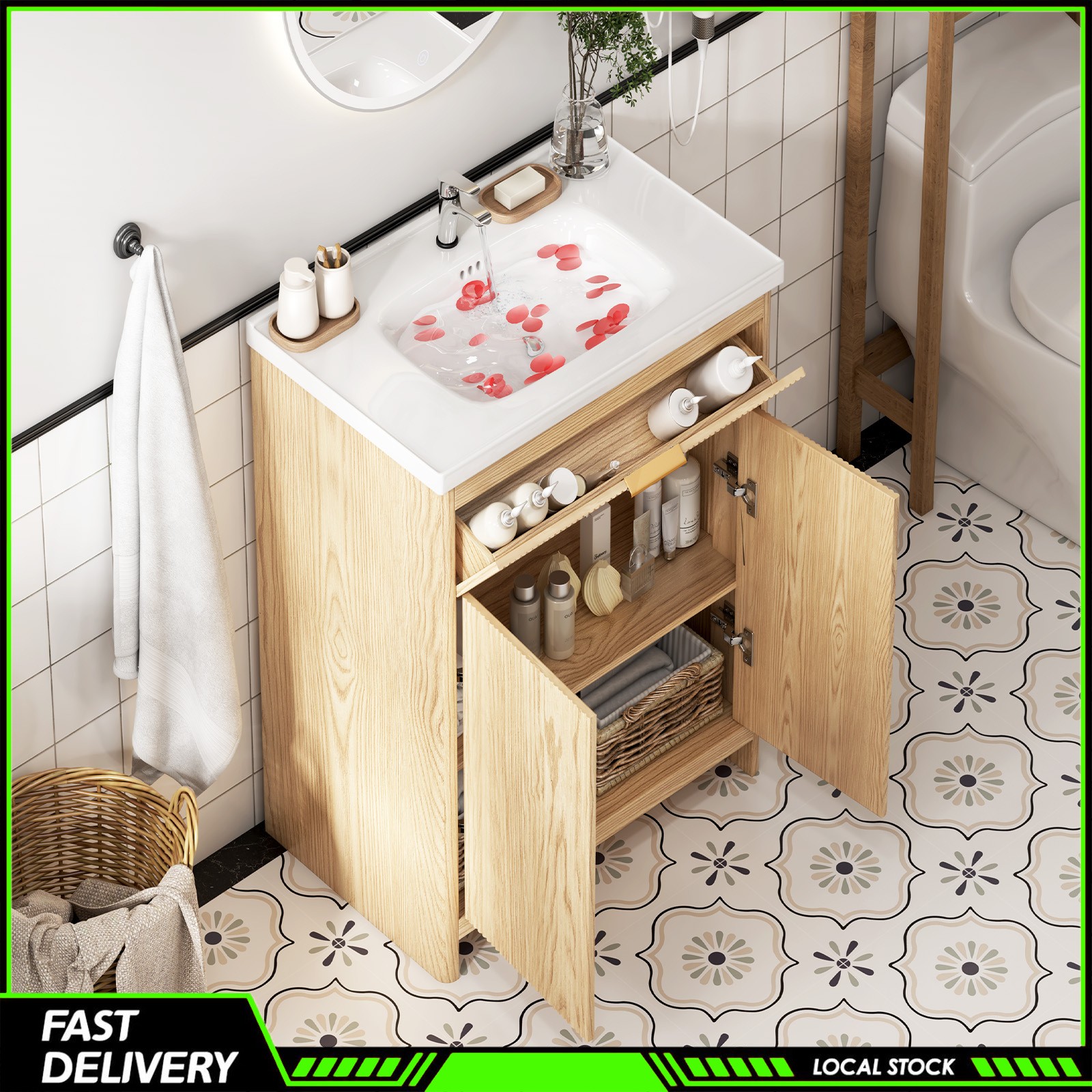 23.6 Inch Bathroom Vanity Wooden Freestanding Cabinet Ceramic Sink for Bathroom