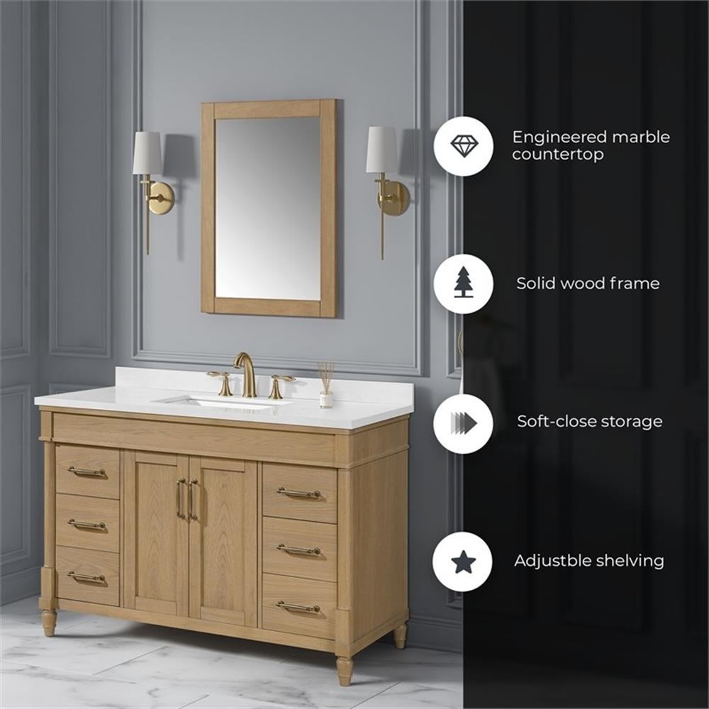 Pemberly Row 48″ Natural Birch Bathroom Vanity with White Countertop