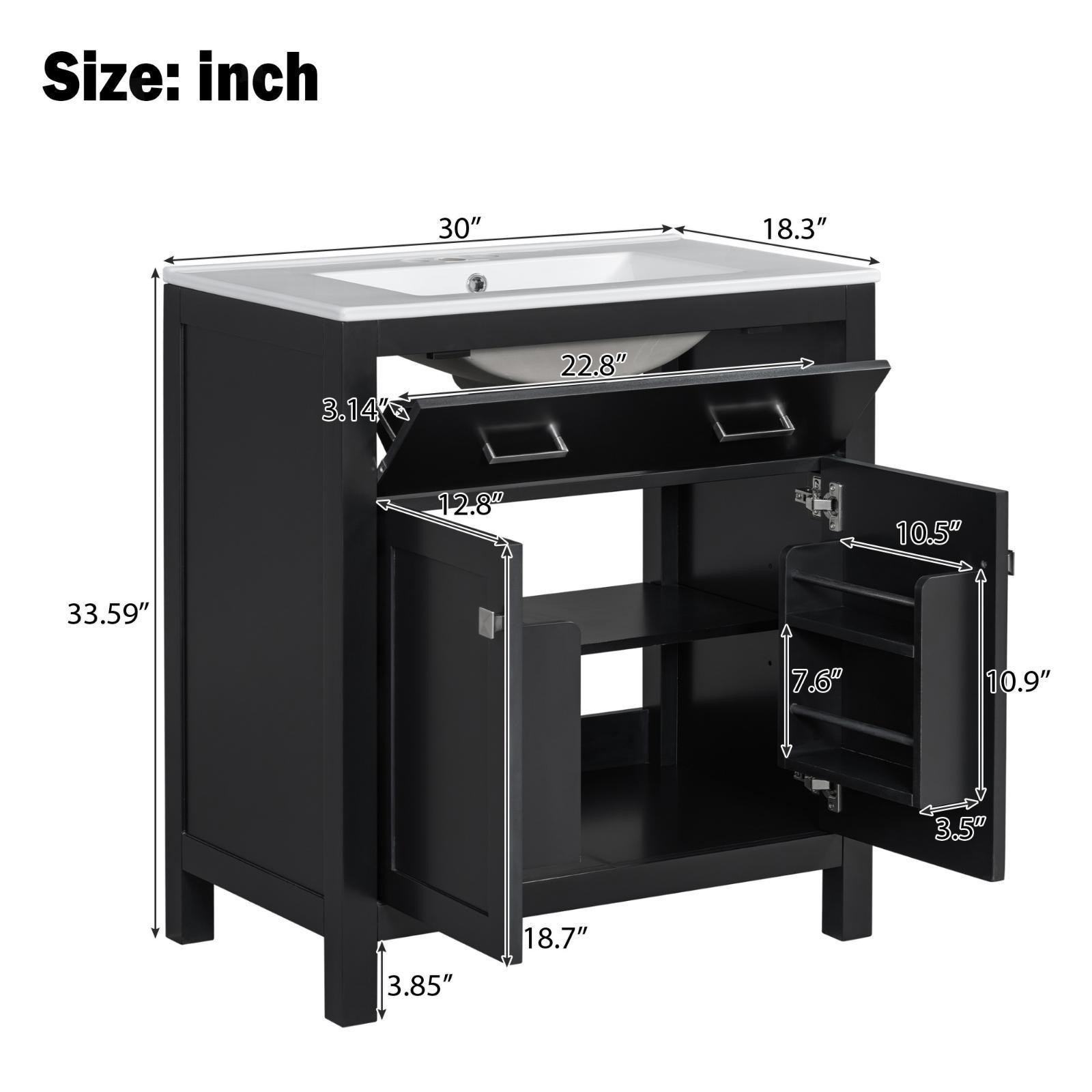 30-Inch Black Bathroom Cabinet with Ceramic Sink, Height-Adjustable Shelf,
