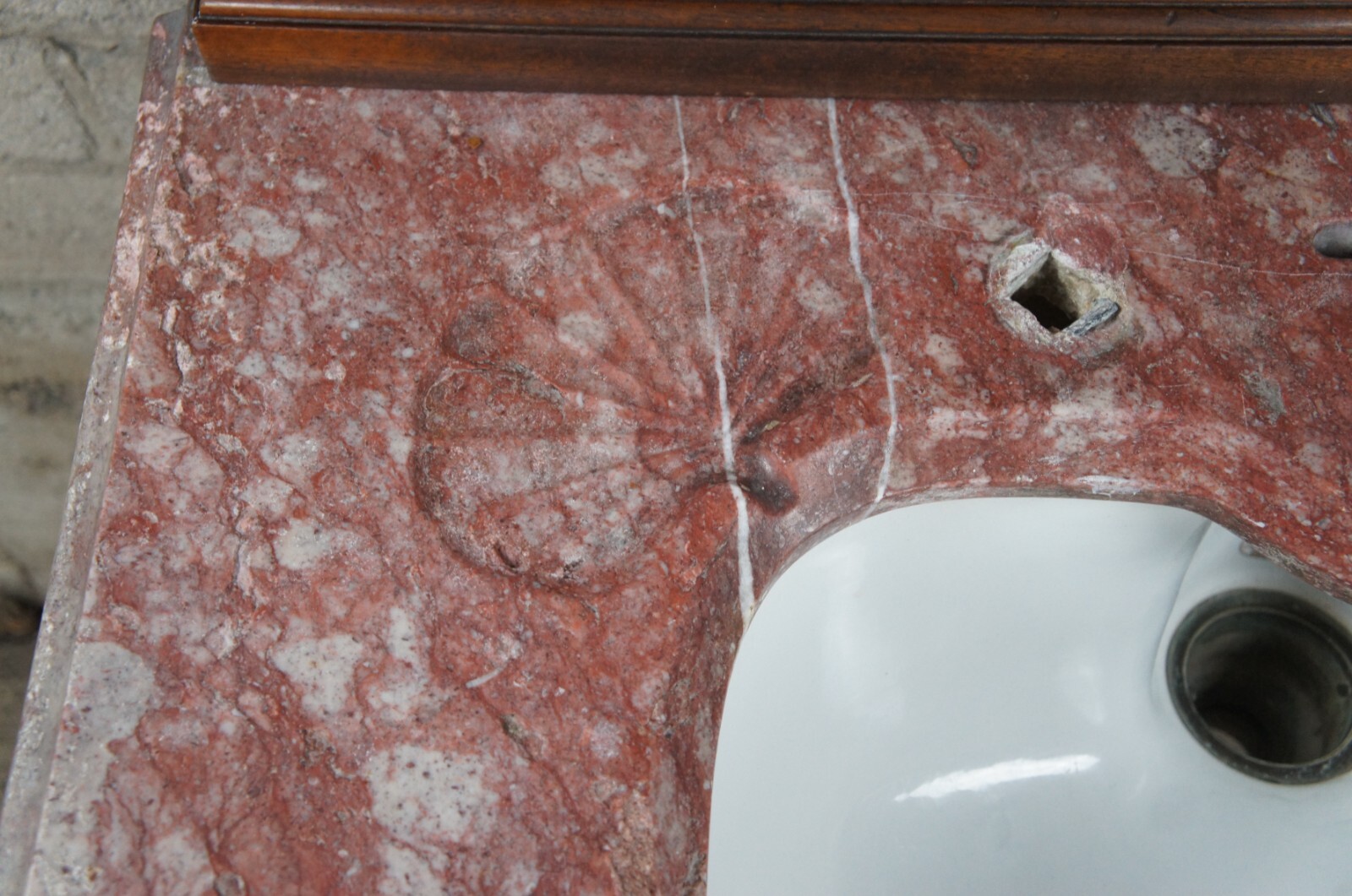 Rare Antique French Victorian Mahogany Marble Top Bathroom Vanity Porcelain Sink