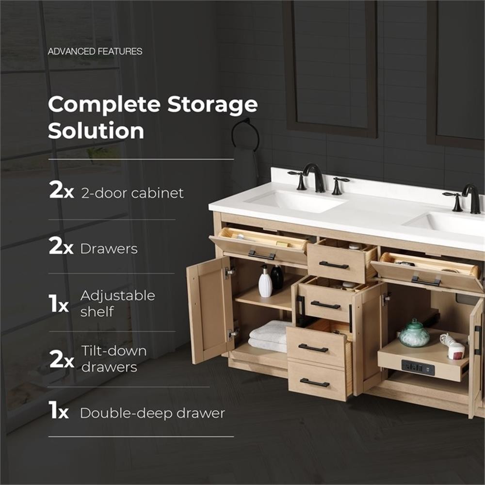 Pemberly Row 60″ Double Bathroom Vanity in Sahara Birch with White Countertop