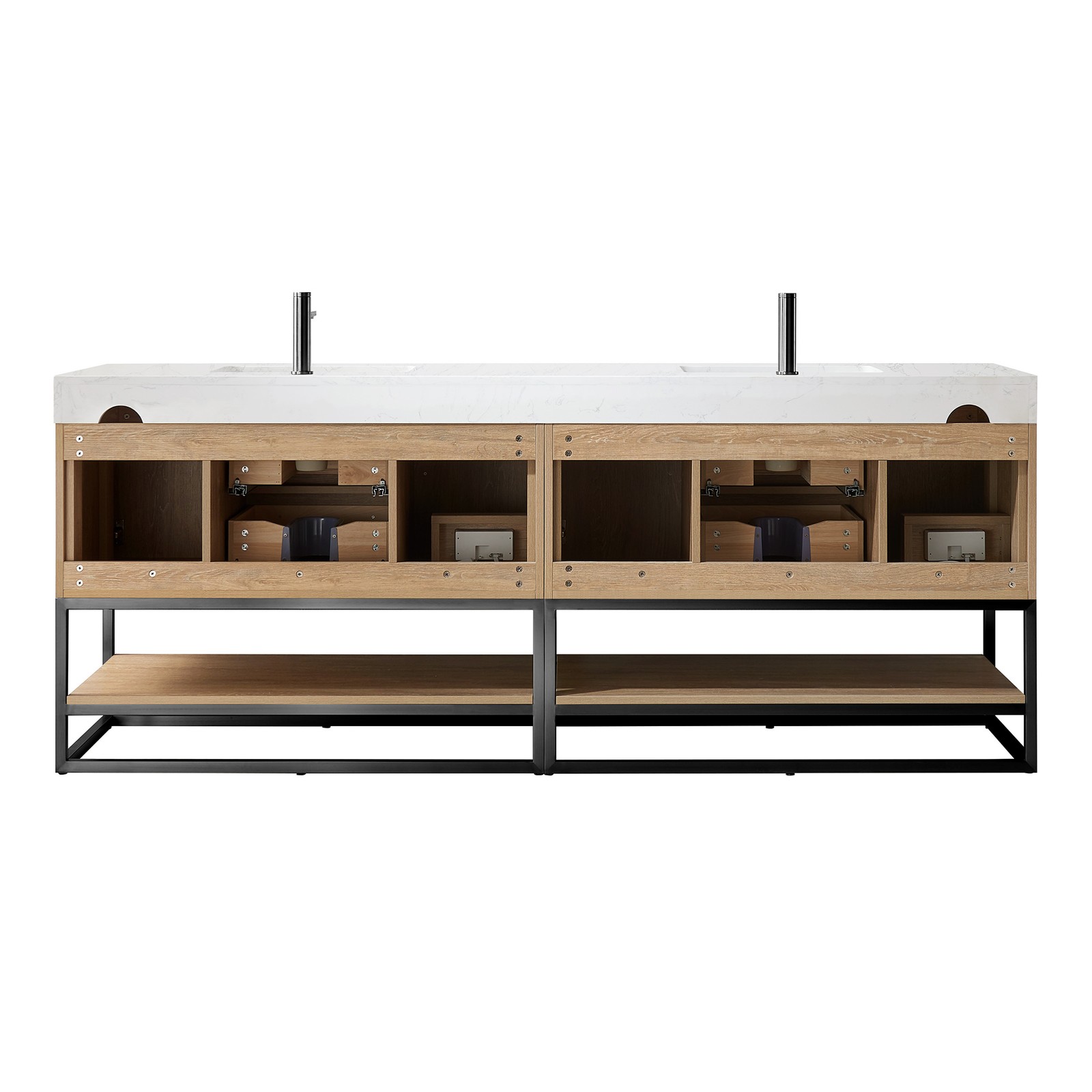 Vinnova Alistair 84″ White Stone Top Oak Double Vanity Black Frame w/o Mirror
