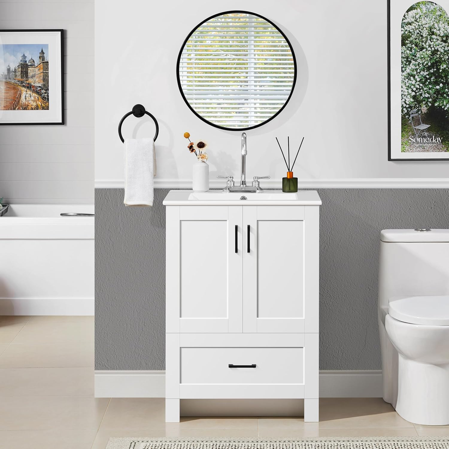 24.5″ Modern Bathroom Vanity with Ceramic Basin, Undermount Vanity Sink Cabinet