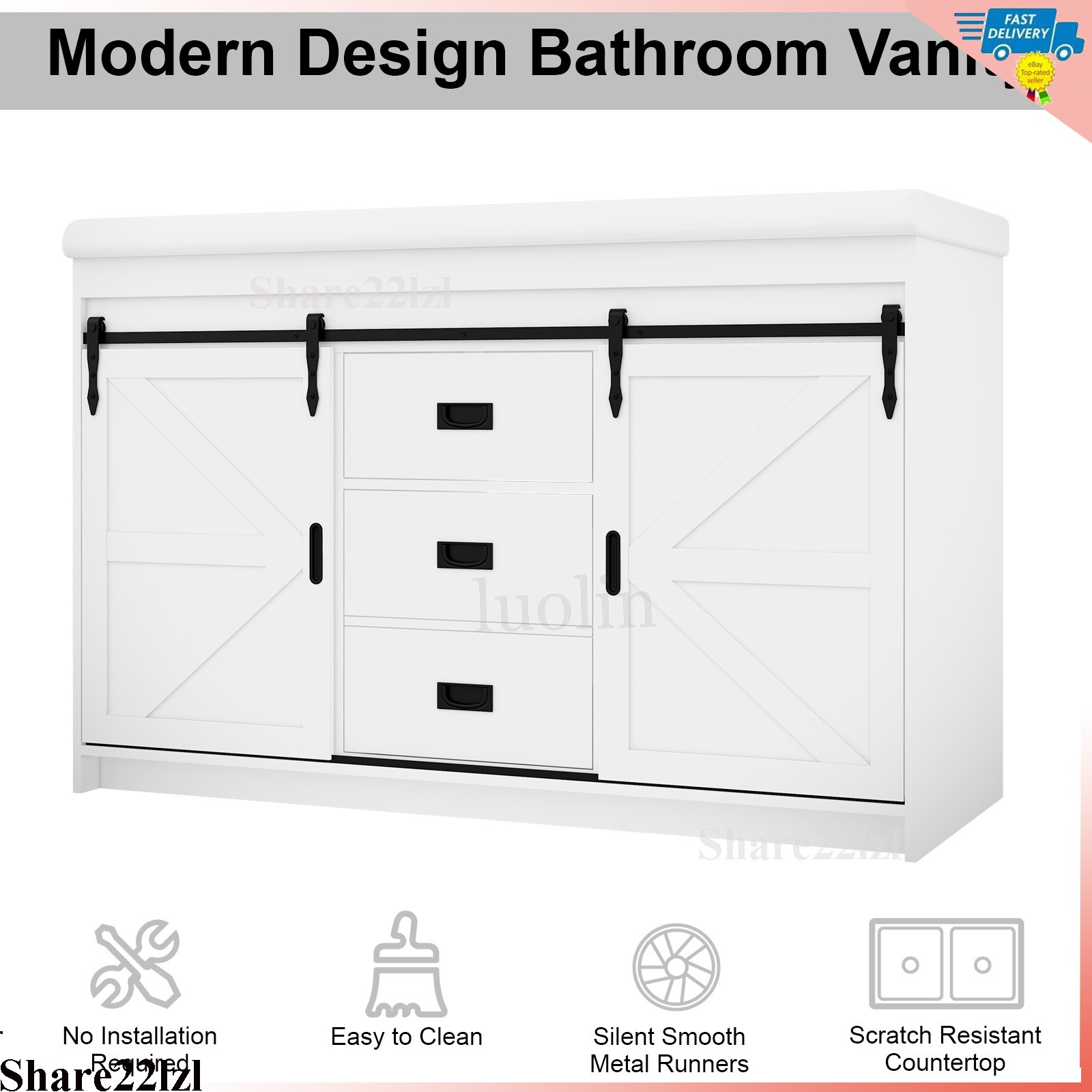 47 inch Double Sink Bathroom Vanity Cabinet Ceramic Vessel Sink w/ Sliding Doors
