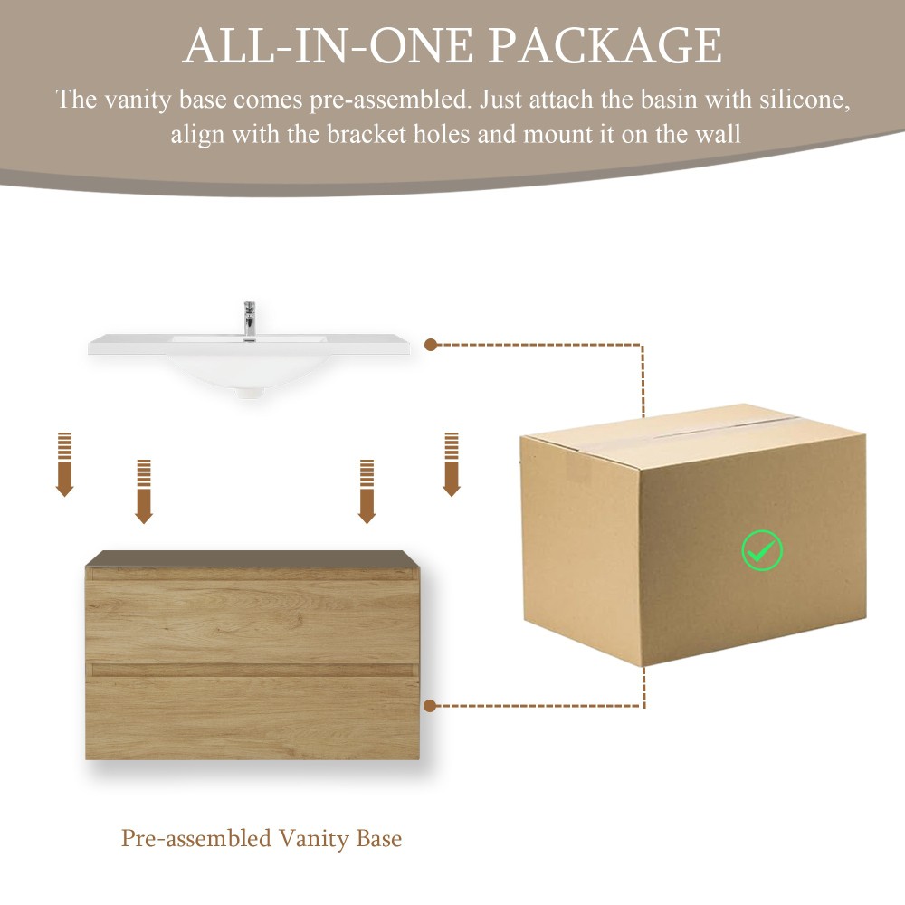 36″ Floating Vanity with Sink, Soft Close Drawers, Natural Oak Wall Cabinet