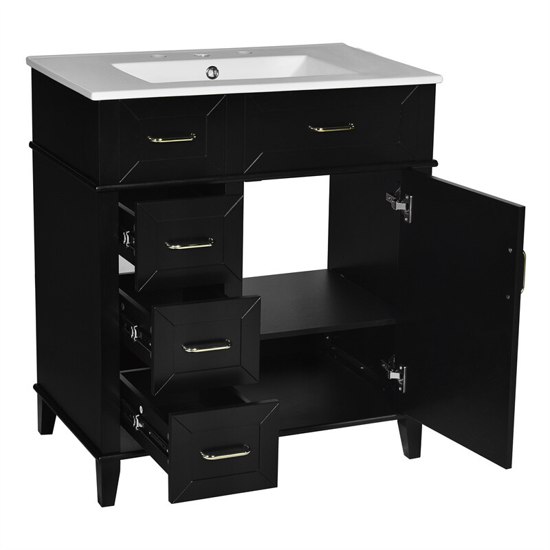 30″ Black Bathroom Vanity with Ceramic Sink,Adjustable Shelf & 3 Storage Drawer