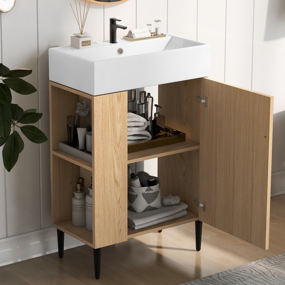 21.6″ Wood Bathroom Vanity，Ceramic Sink，Free-Standing Cabinet，Left Side Storage