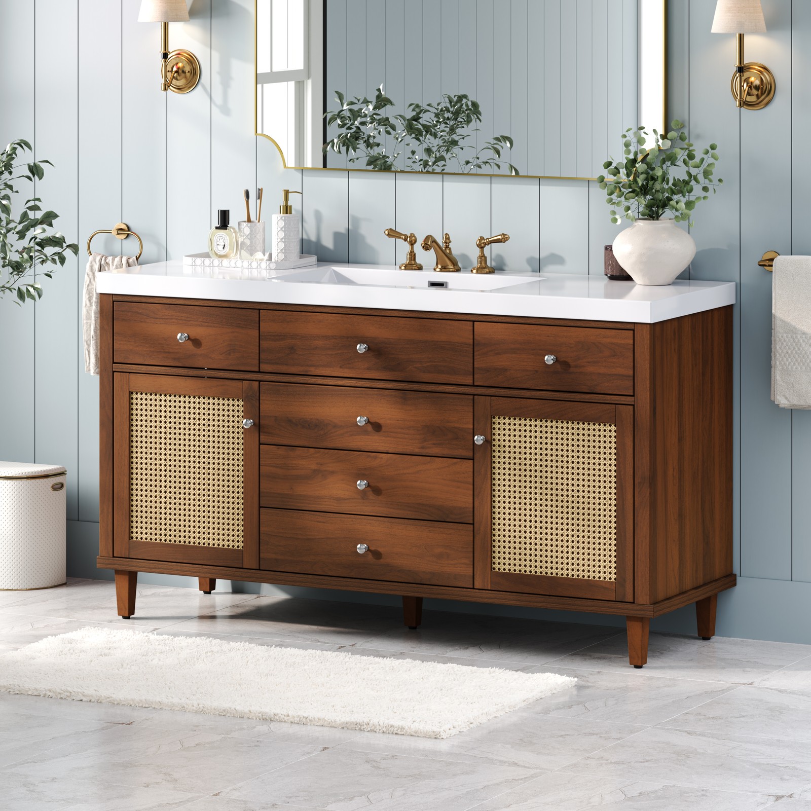 60″ Bathroom Vanity with Sink, Modern Storage Cabinet Brown