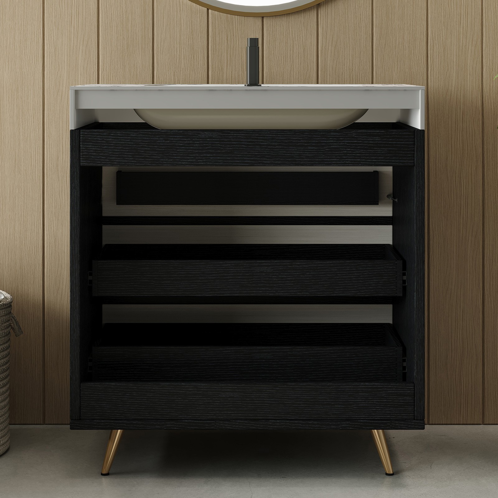 Modern Free-Standing Vanity with Sintered Stone Top & Ceramic Sink