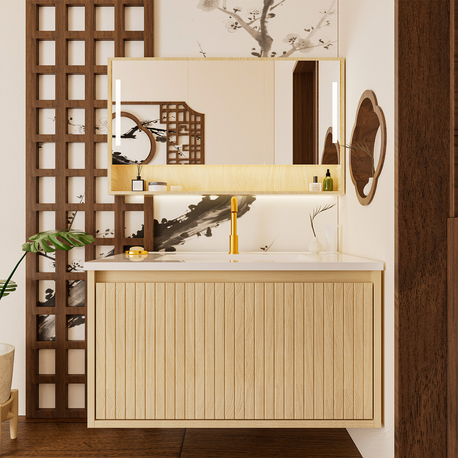 30 Inch Floating Bathroom Vanity Cabinet with Ceramic Sink, Natural Wood