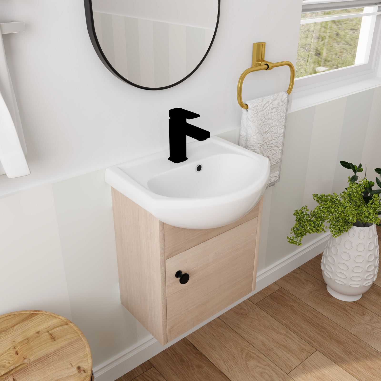 18″ Plywood Floating Wall Mounted Bathroom Vanity W/Ceramic Sink For Small Space