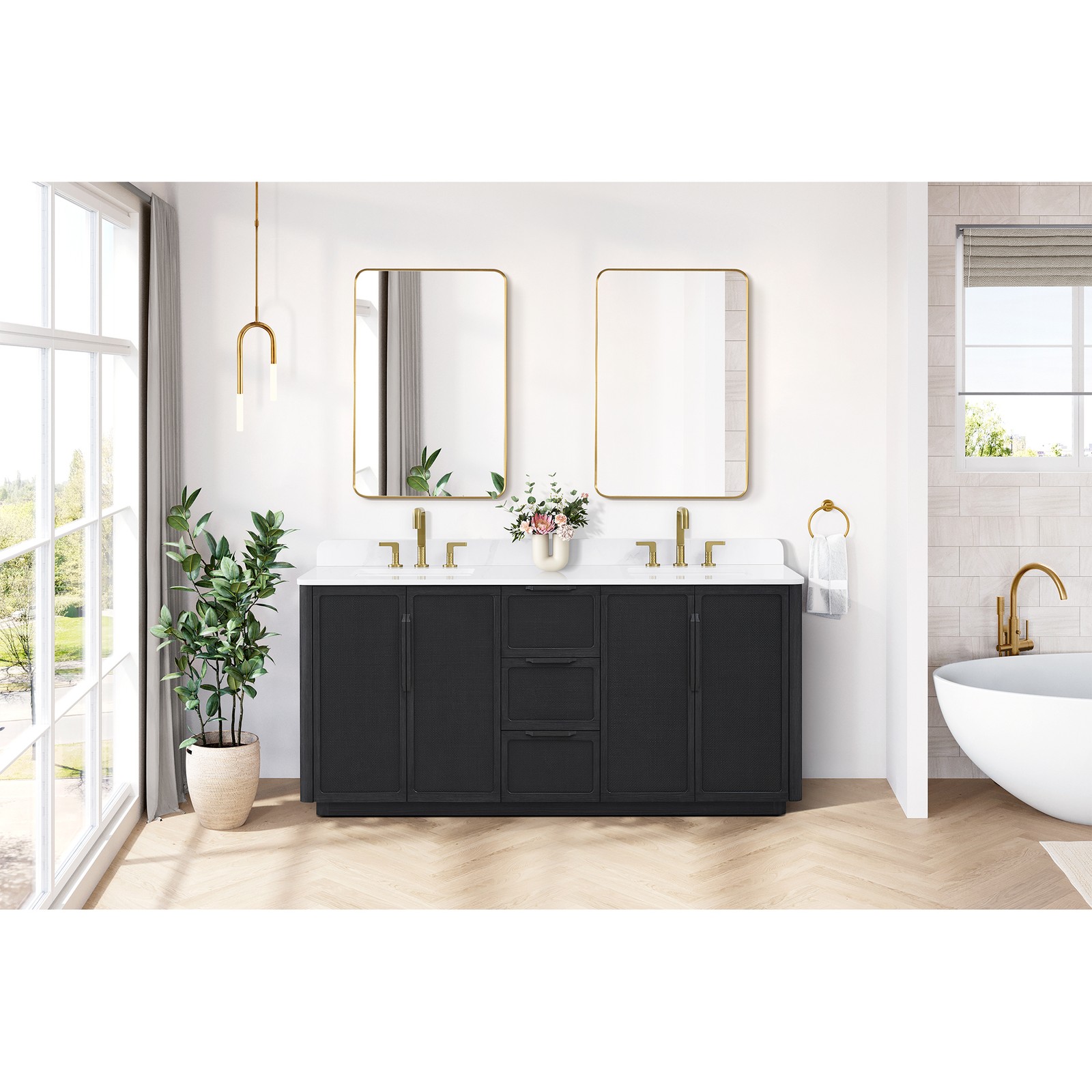 Busan 72″ Double Bath Vanity in Oak Classic Black with White Quartz Stone Top