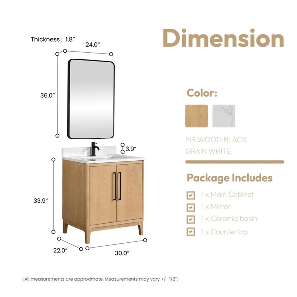 Gara 30″ Single Bath Vanity in Washed Ash Grey w/ White Grain Composite & Mirror