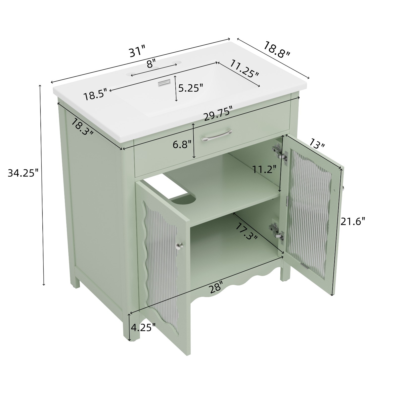 30 Inches Bathroom Vanity with Tempered Glass with Rubber Wood Legs and Doors